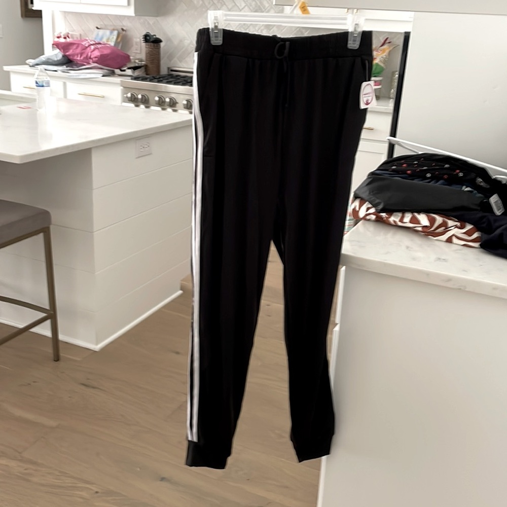 Black NWT cotton joggers with double white side stripe, elastic waist